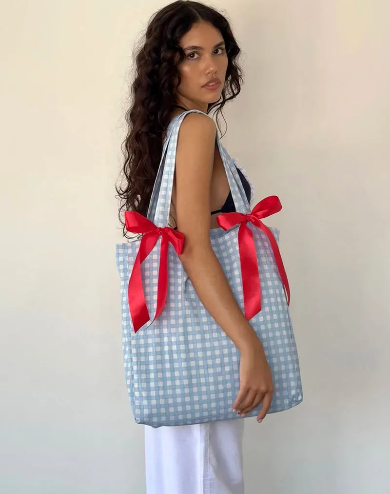 Barbara Tote Bag in Blue Gingham with Red Bow